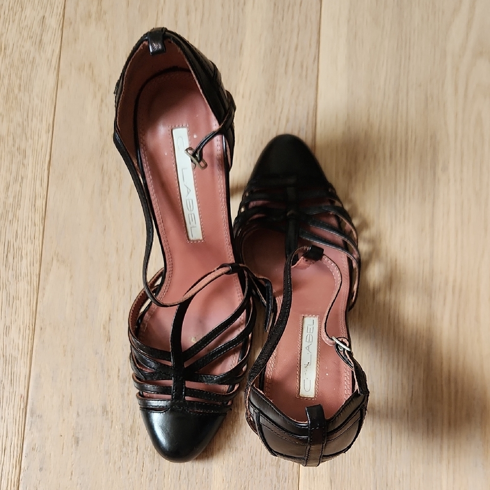 C Label Black Strappy Patent Leather Heels with Stiletto